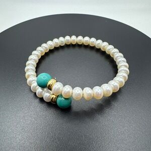 Freshwater Pearl Bracelet Turquoise Gold Bead Stretchy Boho‎ Chic D14Q